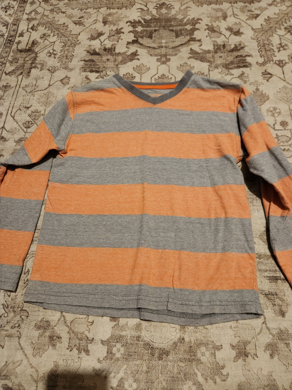 Faded Glory Boys' Long Sleeve V-Neck Striped Tee in Orange & Gray